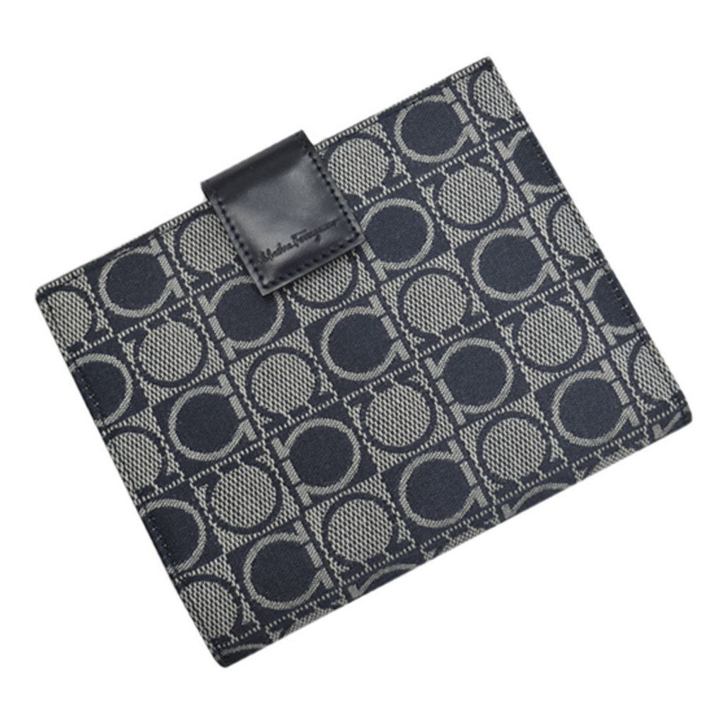 Salvatore Ferragamo Wallet Gancio Navy Gray Canvas Leather Bi-Fold Ladies